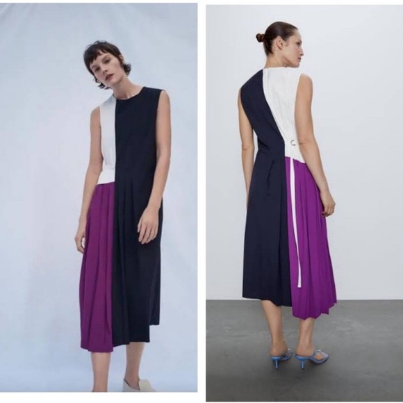 ZARA Women Pleated Patchwork Dress Navy Blue M - Picture 12 of 12